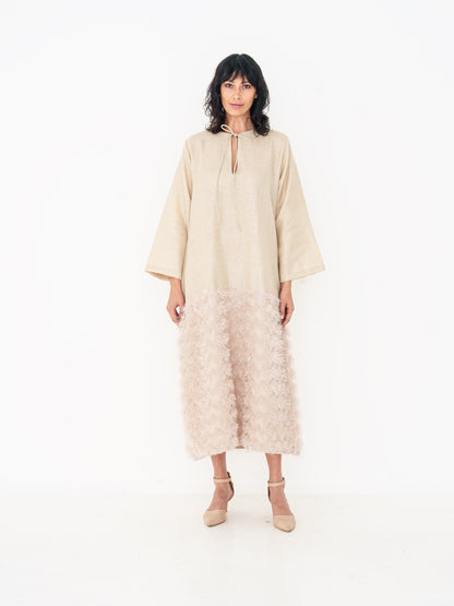 Linen Long Kaftan - Beige with Fringe