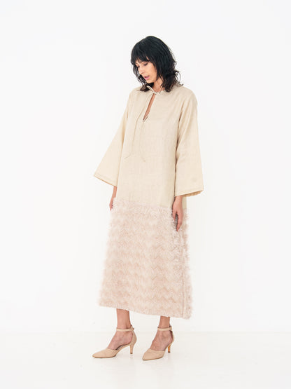 Linen Long Kaftan - Beige with Fringe