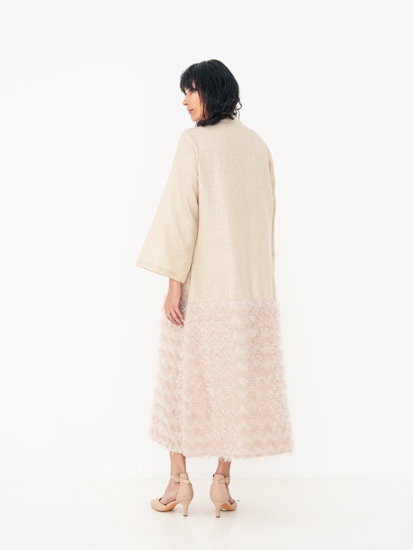 Linen Long Kaftan - Beige with Fringe