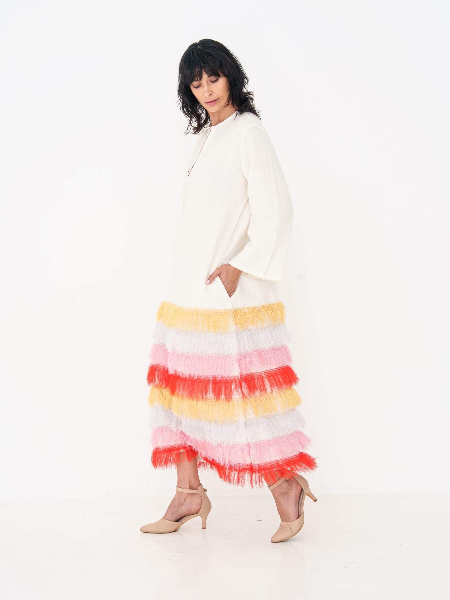 Linen Long Kaftan - Multicolor Fringe