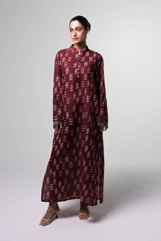 Printed Long Kaftan - Burgundy