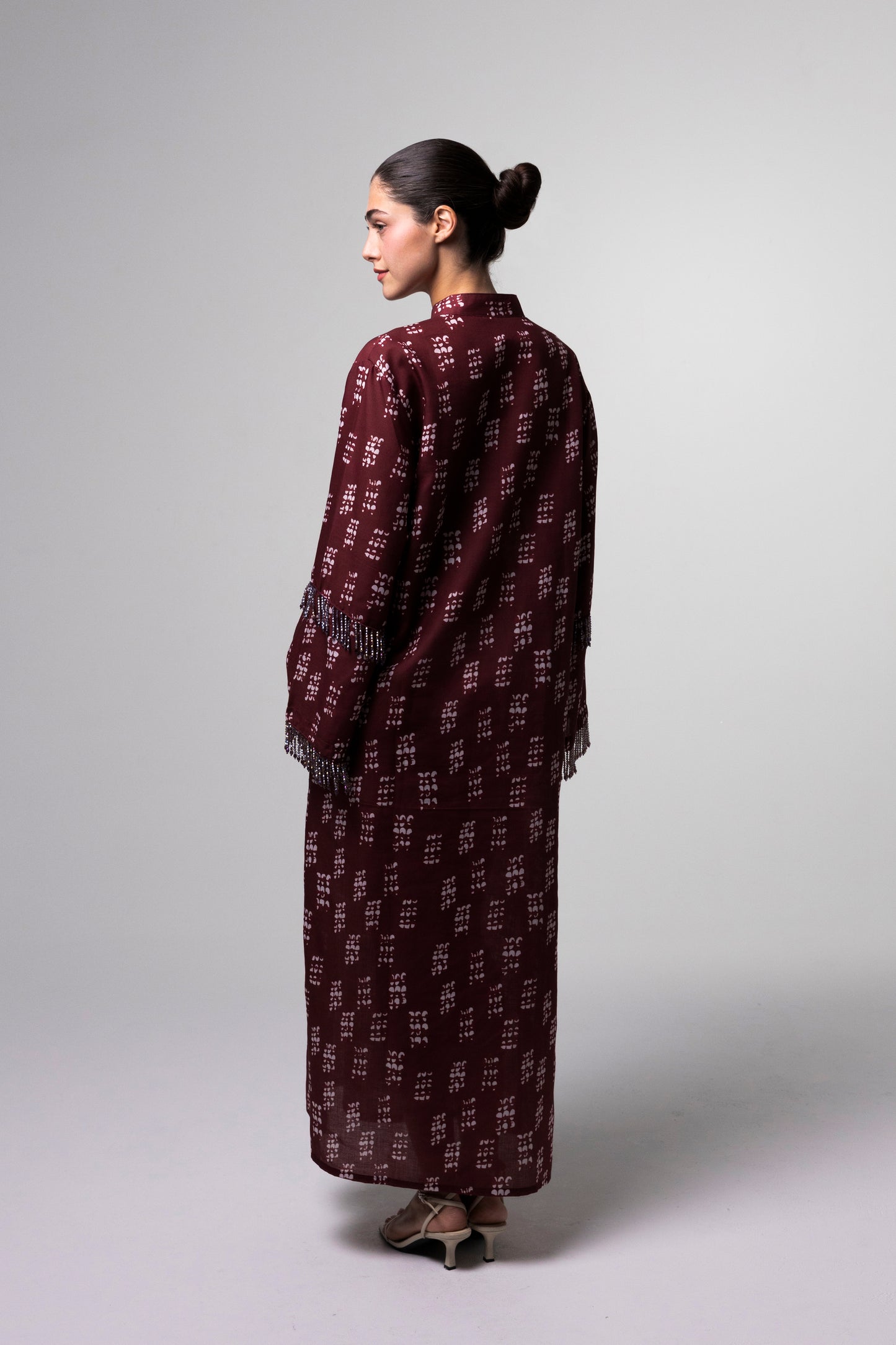 Printed Long Kaftan - Burgundy