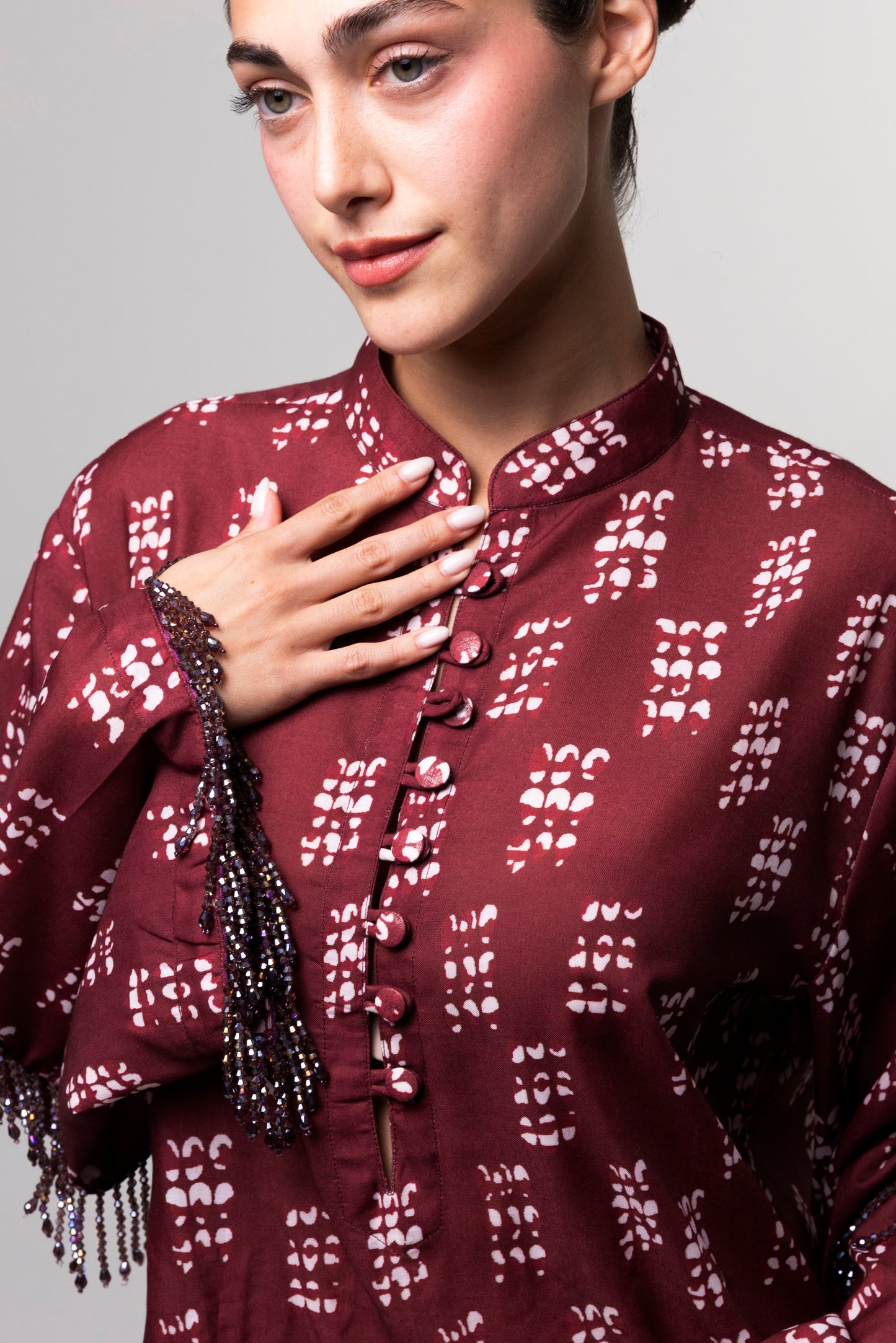 Printed Long Kaftan - Burgundy