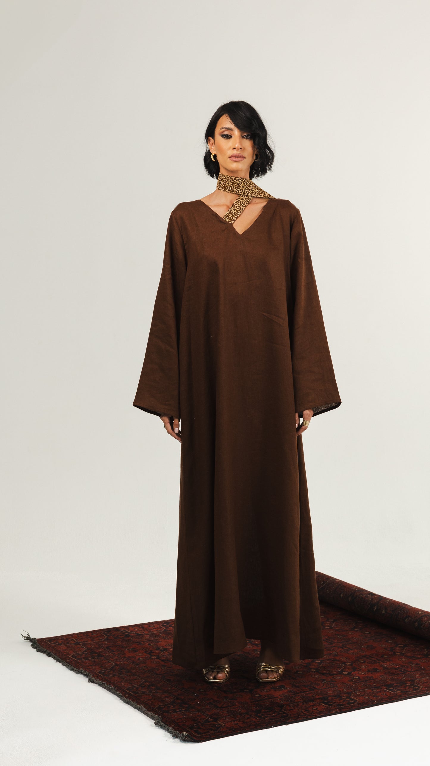 Linen Long Kaftan - Brown